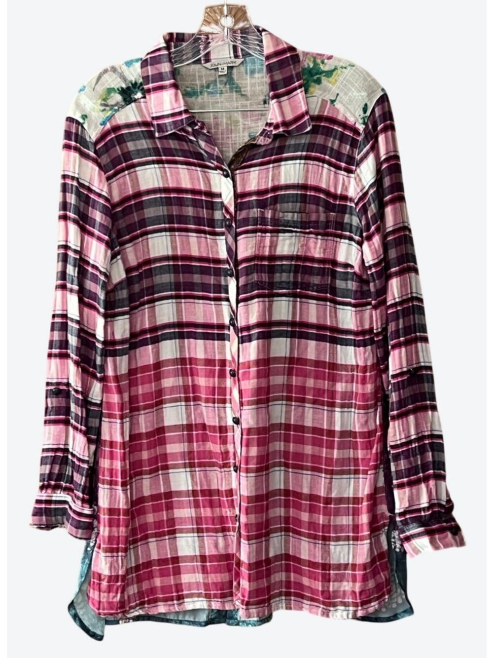 John Mark Women's Medium Plaid Floral Embroidered Blouse Pink White Blue